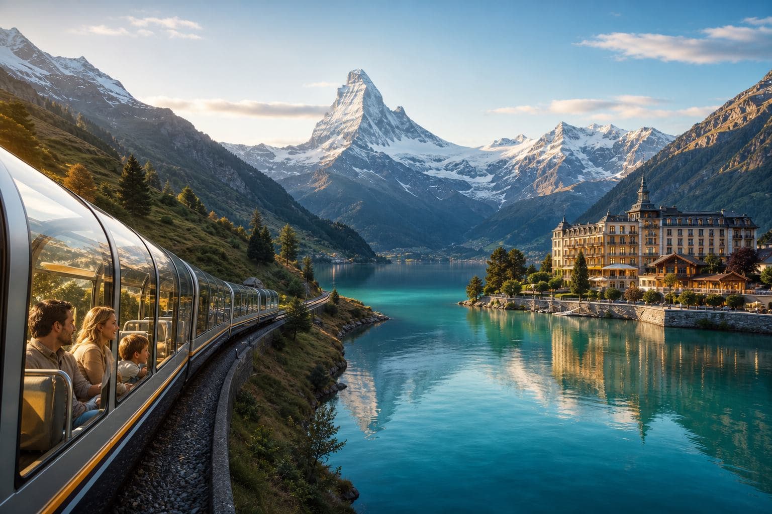 Scenic glass-roof train with the Matterhorn in view, Switzerland